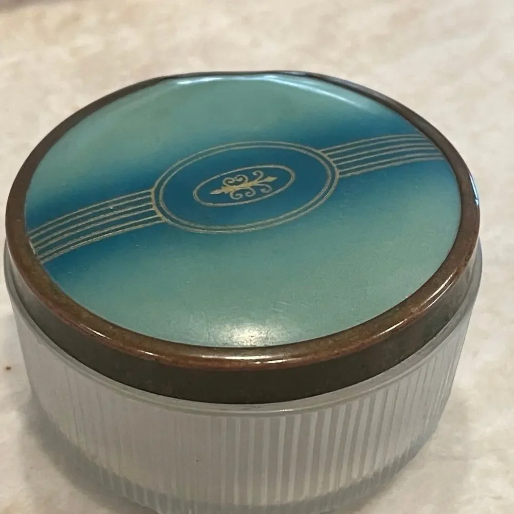 Vintage 50’s Powder jar teal lid brass trim